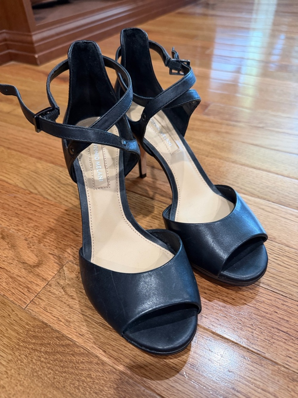 ANTONIO MELANI Black Peep-Toe Strappy High Heels-EUC